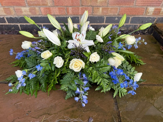 Blue, Cream & White Funeral Spray